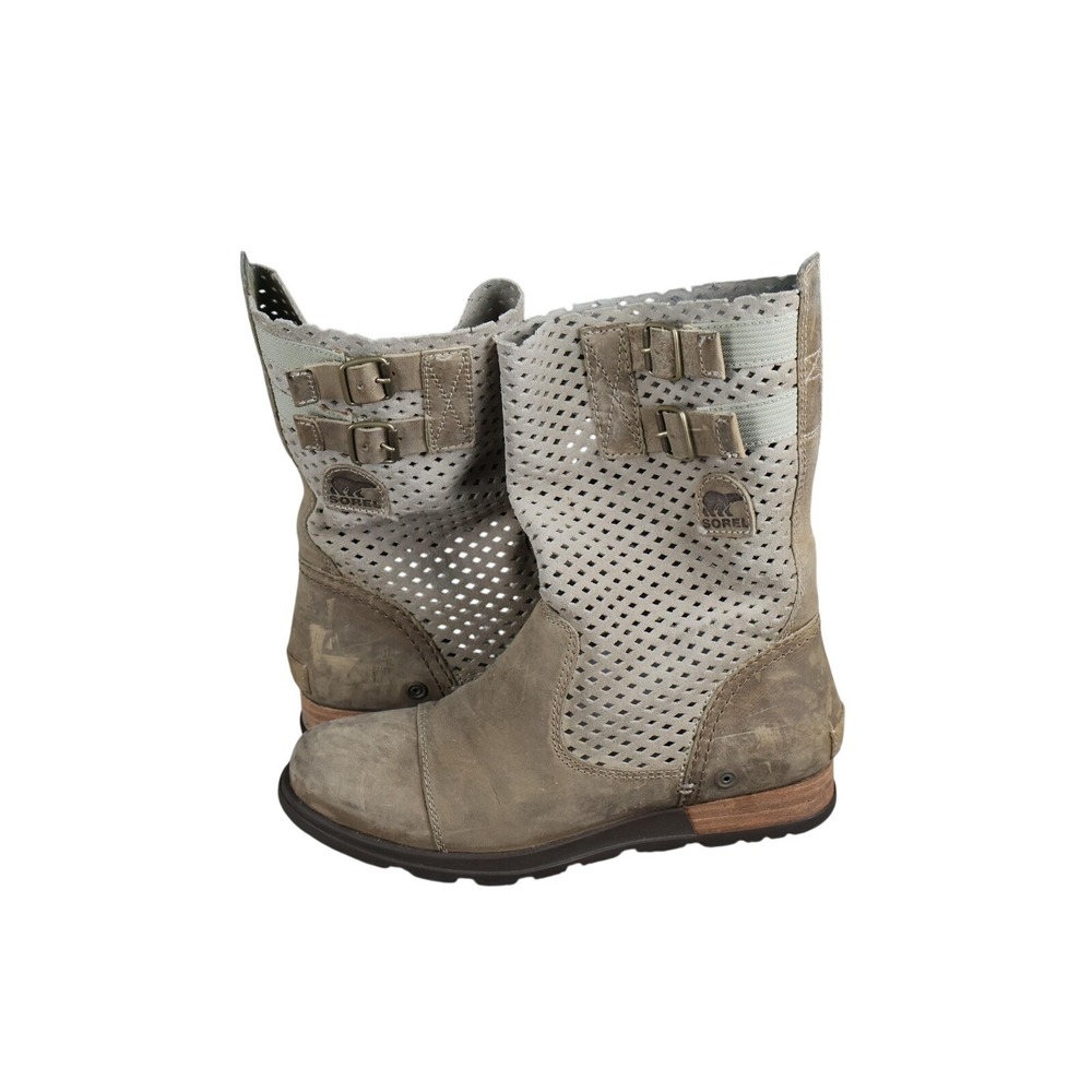 Sorel Mid Calf Boots Womens 7 Beige Suede Perforated Pull On Buckle Strap Flats